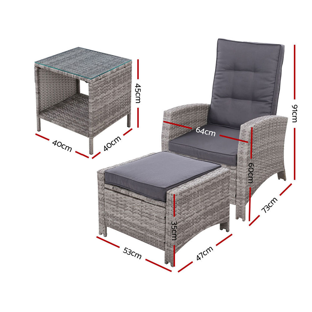 Gardeon Outdoor Wicker Recliner Set 3-Piece Grey