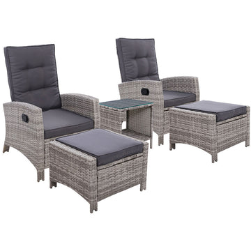 Gardeon Grey Wicker Outdoor Recliner Chair Set with Ottoman 5-Piece