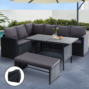 Gardeon Outdoor Wicker Sofa Set with Bench and Storage Cover 9 Seater Black