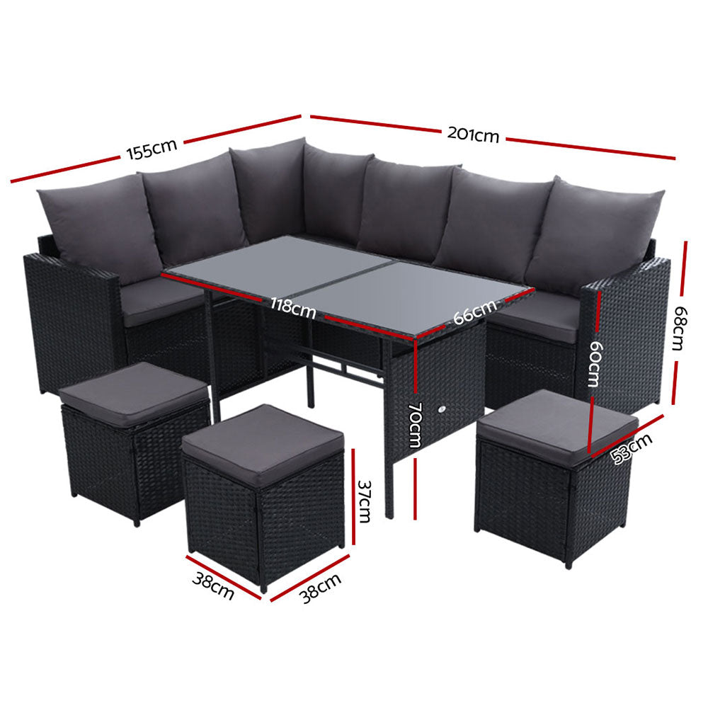 Gardeon Outdoor Wicker Sofa Set with Cushion Dark Grey 9 Seater