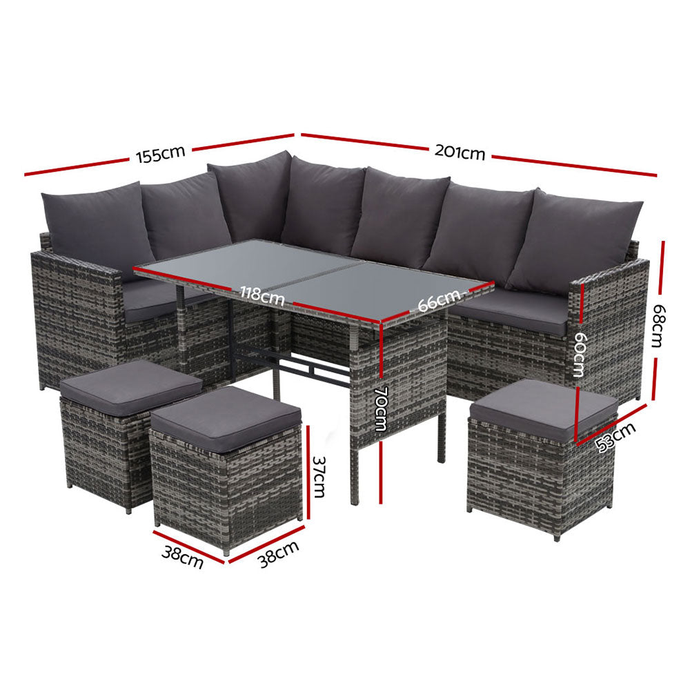 Gardeon Outdoor Wicker Sofa Dining Set 9-Seater Mixed Grey