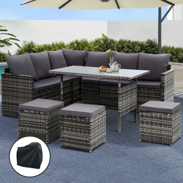Gardeon 9 Seater Outdoor Wicker Sofa Set with Storage Cover Grey