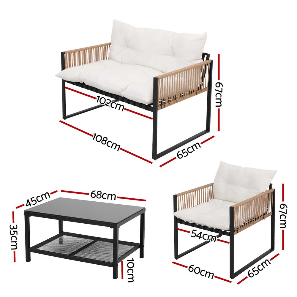 Gardeon Outdoor Wicker Sofa Set 4-Piece White Cushions Black Frame