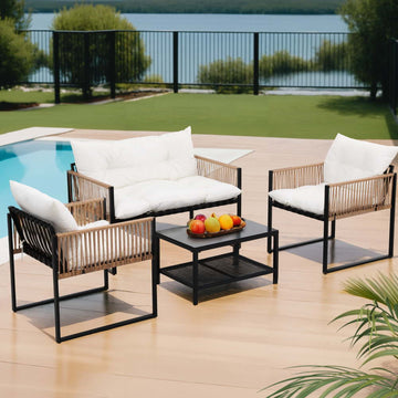 Gardeon Outdoor Wicker Sofa Set 4-Piece White Cushions Black Frame
