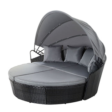 Gardeon Outdoor Wicker Sun Lounge Daybed with Folding Canopy Black