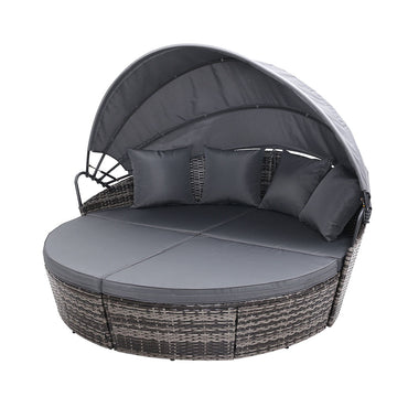 Gardeon Outdoor Wicker Sun Lounge Daybed with Folding Canopy Grey