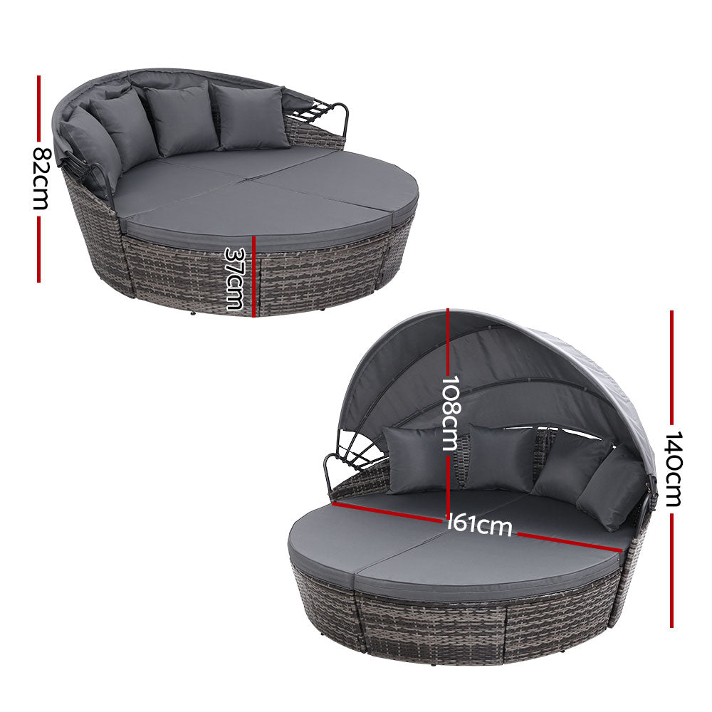 Gardeon Outdoor Wicker Sun Lounge Daybed with Folding Canopy Grey