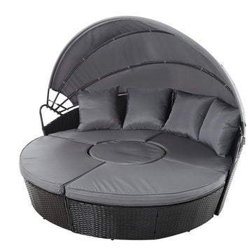 Gardeon Outdoor Wicker Sun Lounge Daybed with Folding Canopy Black