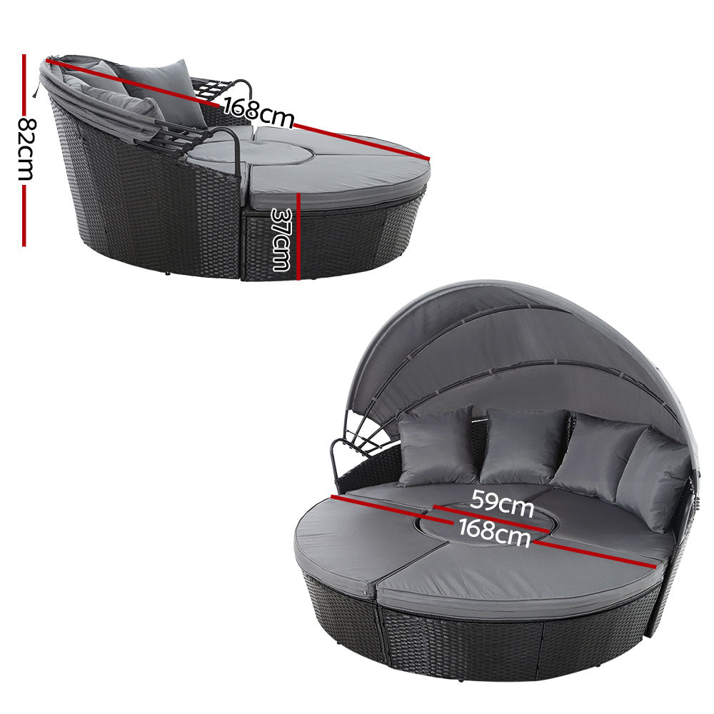 Gardeon Outdoor Wicker Sun Lounge Daybed with Folding Canopy Black