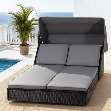 Gardeon Outdoor Day Bed with Folding Canopy Black Rattan