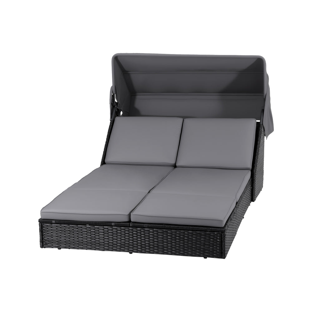 Gardeon Outdoor Day Bed with Folding Canopy Black Rattan