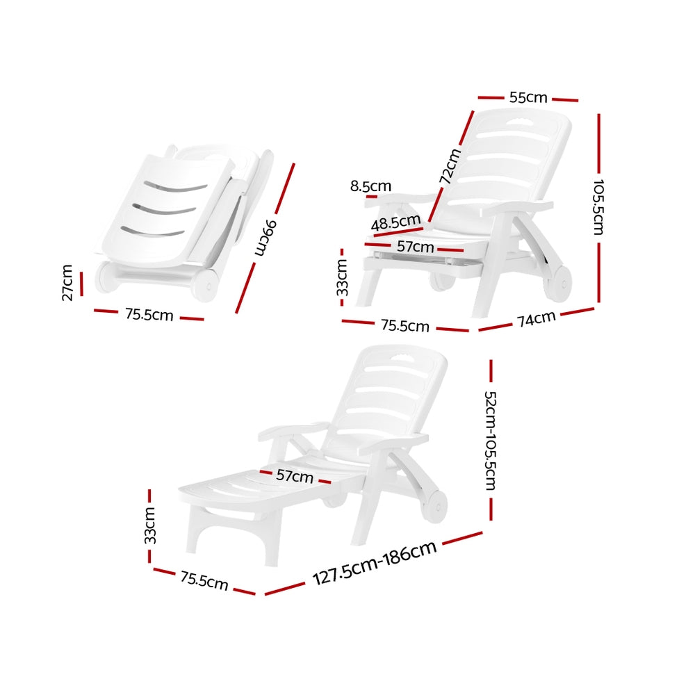 Gardeon Sun Lounger Portable Folding Recliner with Wheels White
