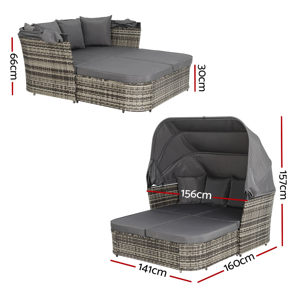 Gardeon Outdoor Day Bed with Folding Canopy Grey Wicker