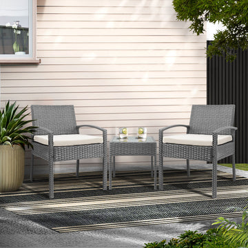 Gardeon Wicker Outdoor Bistro Set 3-Piece Grey