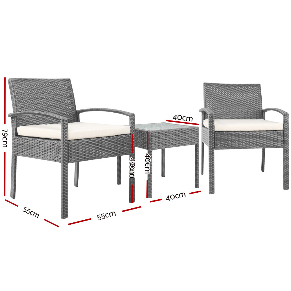 Gardeon Wicker Outdoor Bistro Set 3-Piece Grey