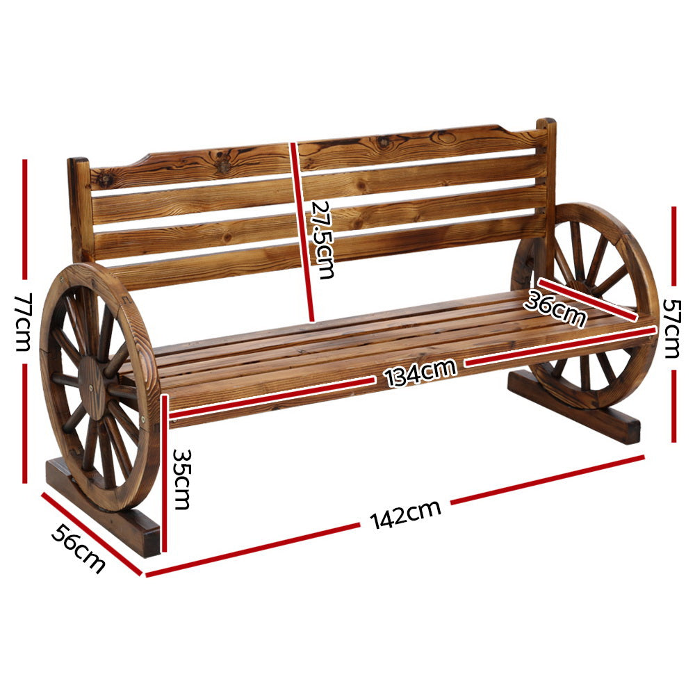 Gardeon 3 Seater Wagon Wheel Garden Bench Charred Brown Fir