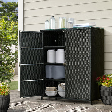 Gardeon Outdoor Wicker Storage Cabinet 2-in-1 Bar Table Black