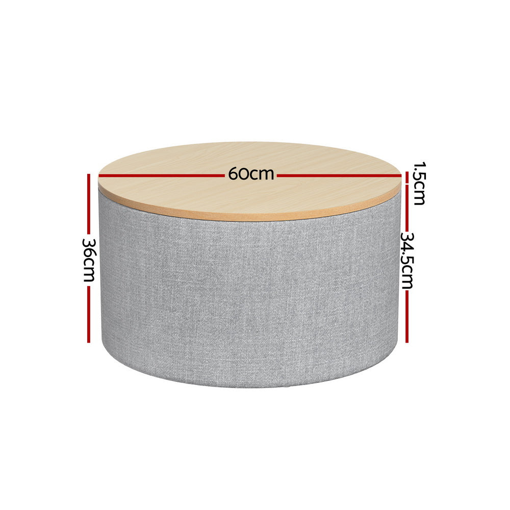 Artiss Round Storage Ottoman Blanket Box Faux Linen 60cm Grey