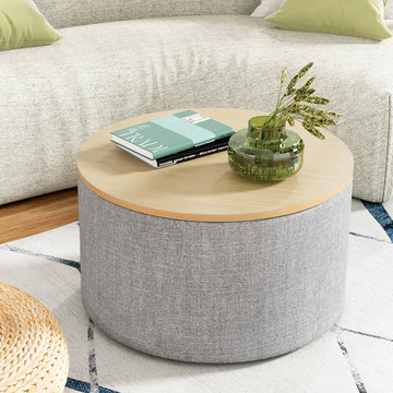 Artiss Round Storage Ottoman Blanket Box Faux Linen 60cm Grey