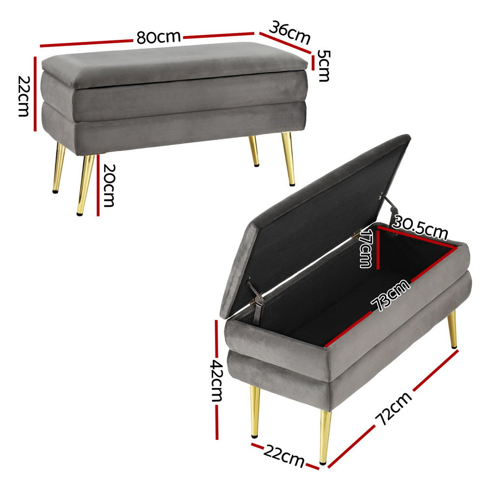 Artiss Velvet Storage Ottoman Footstool with Hidden Storage 80cm Grey