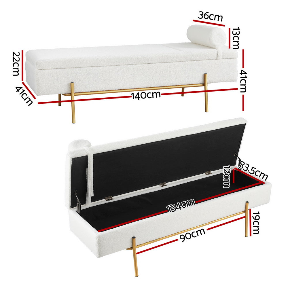 Artiss Storage Ottoman Bed with Detachable Pillow 140cm Boucle White