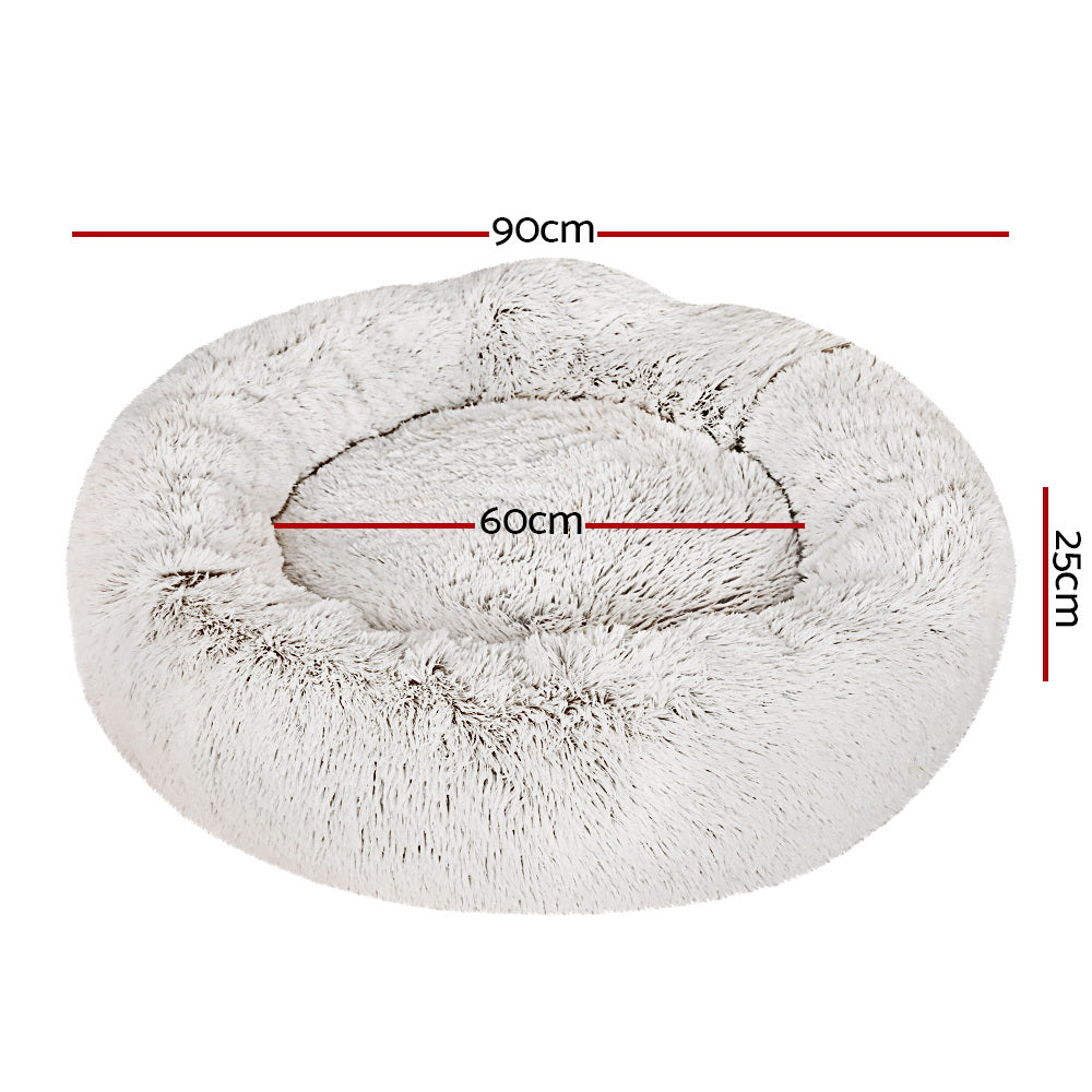 i.Pet Calming Pet Bed Large Soft Plush White Brown 90cm