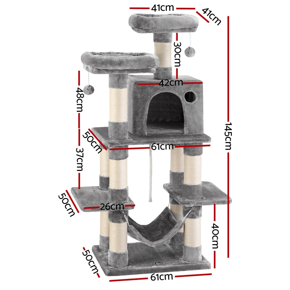 i.Pet Cat Tree Tower Multi-Level Sisal Scratching Post 145cm Light Grey