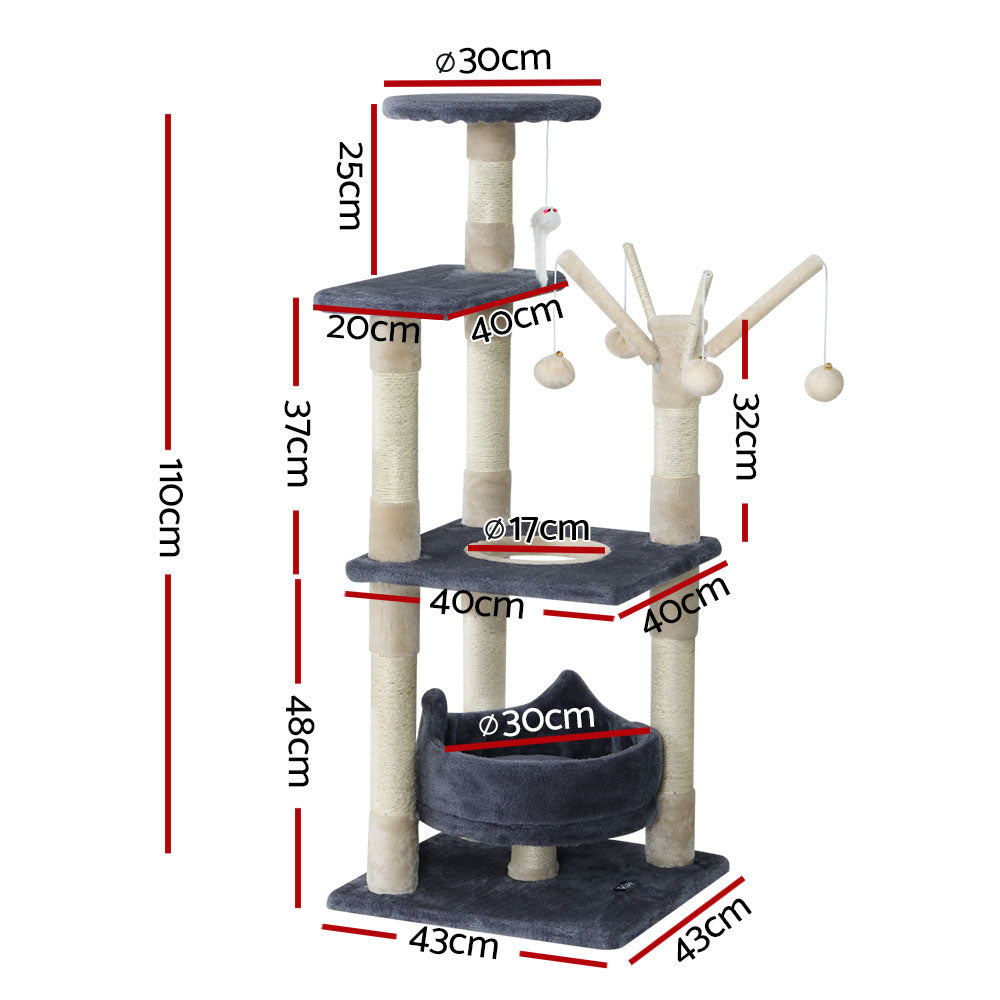 i.Pet Cat Tree Tower 110cm Multi-Level with Hanging Toys Grey