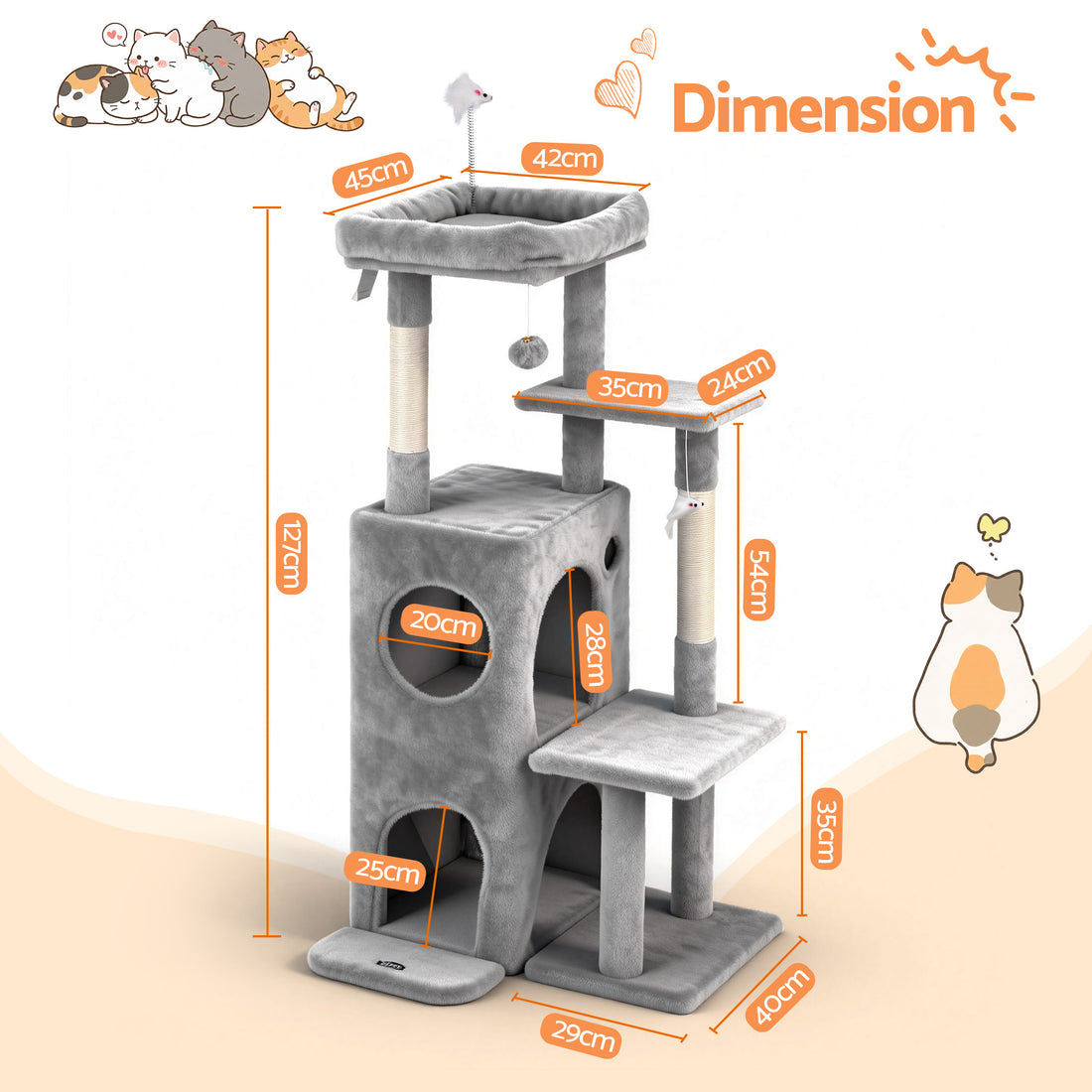 i.Pet Cat Tree Tower with Sisal Scratching Posts 127cm Light Grey