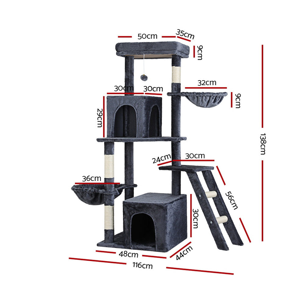 i.Pet Cat Tree 138cm Multi-Level Condo Cubicle Tunnel Dark Grey