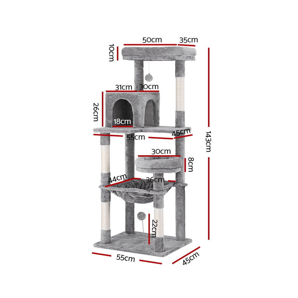 i.Pet Cat Tree 143cm Multi-Level with Bed Cubicle Hanging Balls Light Grey
