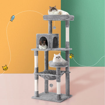 i.Pet Cat Tree 143cm Multi-Level with Bed Cubicle Hanging Balls Light Grey