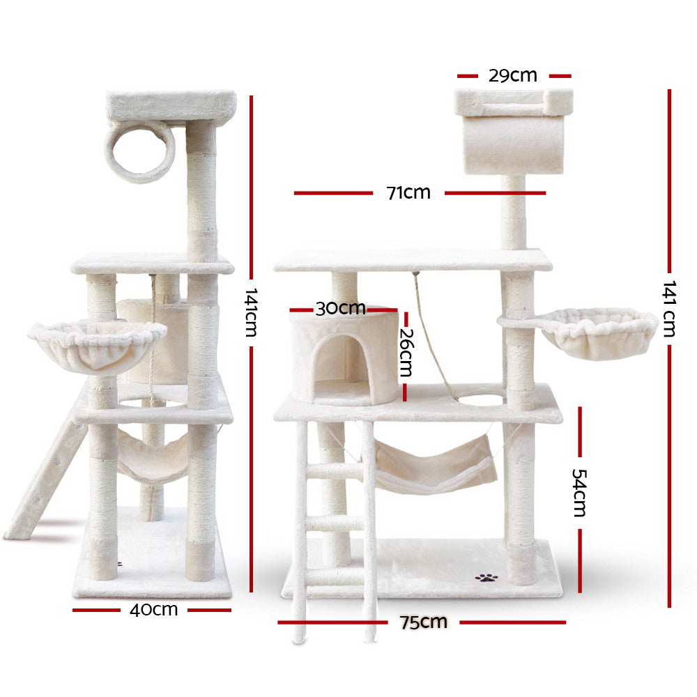 i.Pet Giant Cat Tree Tower with Hammock and Swing 141cm Beige