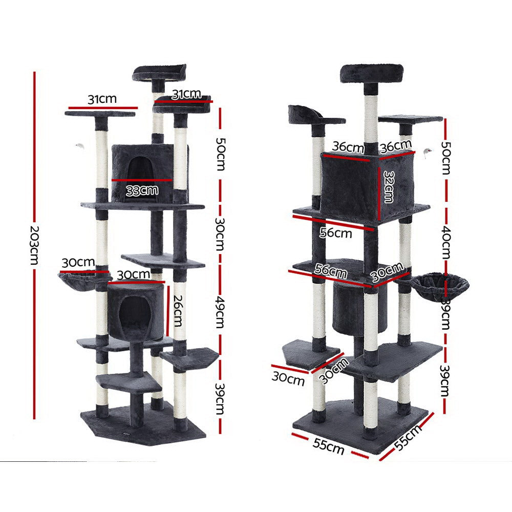 i.Pet Multi-Level Cat Tree Tower 203cm Sisal Scratching Post Grey