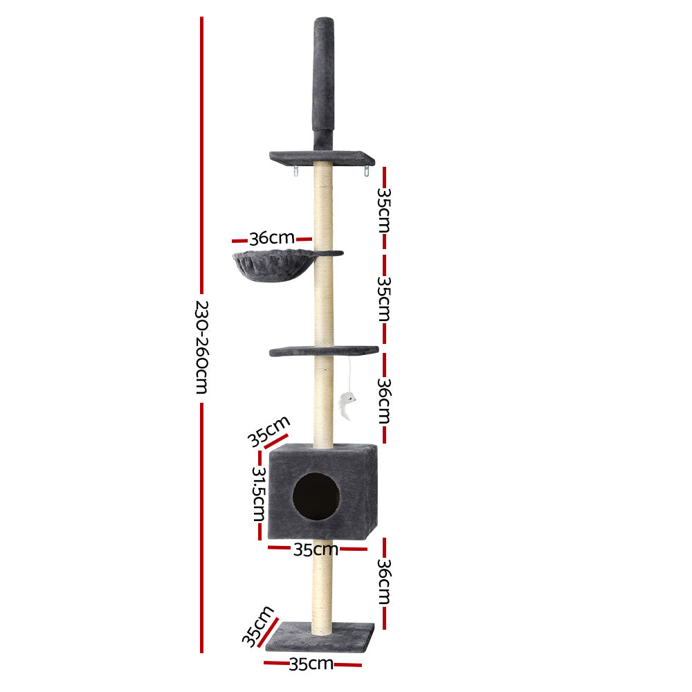 i.Pet Ceiling-to-Floor Cat Tree Tower with Hanging Toy and Sleeping Cubicle 260cm Dark Grey