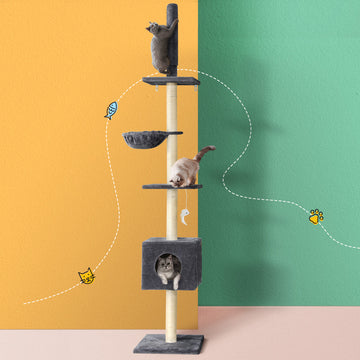 i.Pet Ceiling-to-Floor Cat Tree Tower with Hanging Toy and Sleeping Cubicle 260cm Dark Grey