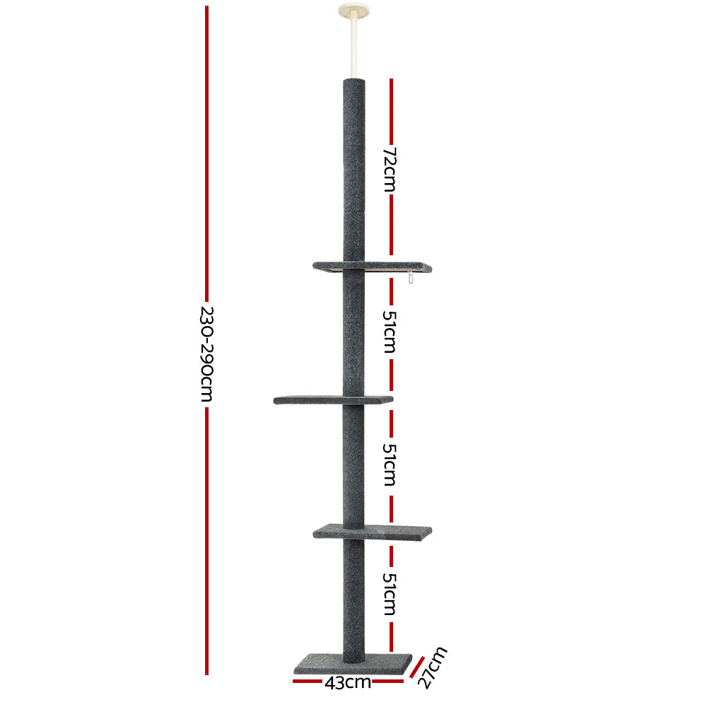 i.Pet Ceiling-to-Floor Cat Tree Tower with Sisal Posts 290cm Grey