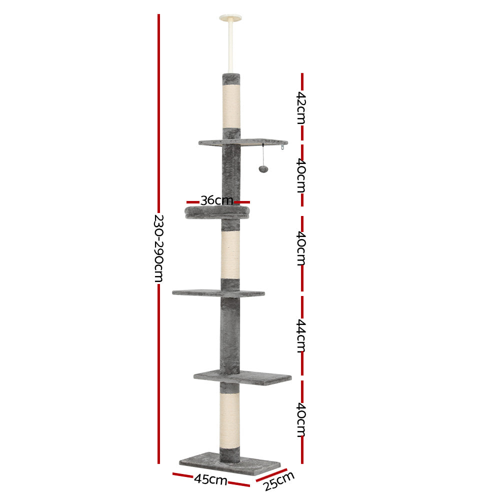 i.Pet Ceiling-to-Floor Cat Tree 290cm with Sleeping Bed 5 Platform Grey/White
