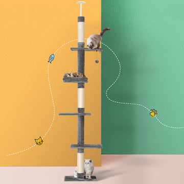 i.Pet Ceiling-to-Floor Cat Tree 290cm with Sleeping Bed 5 Platform Grey/White