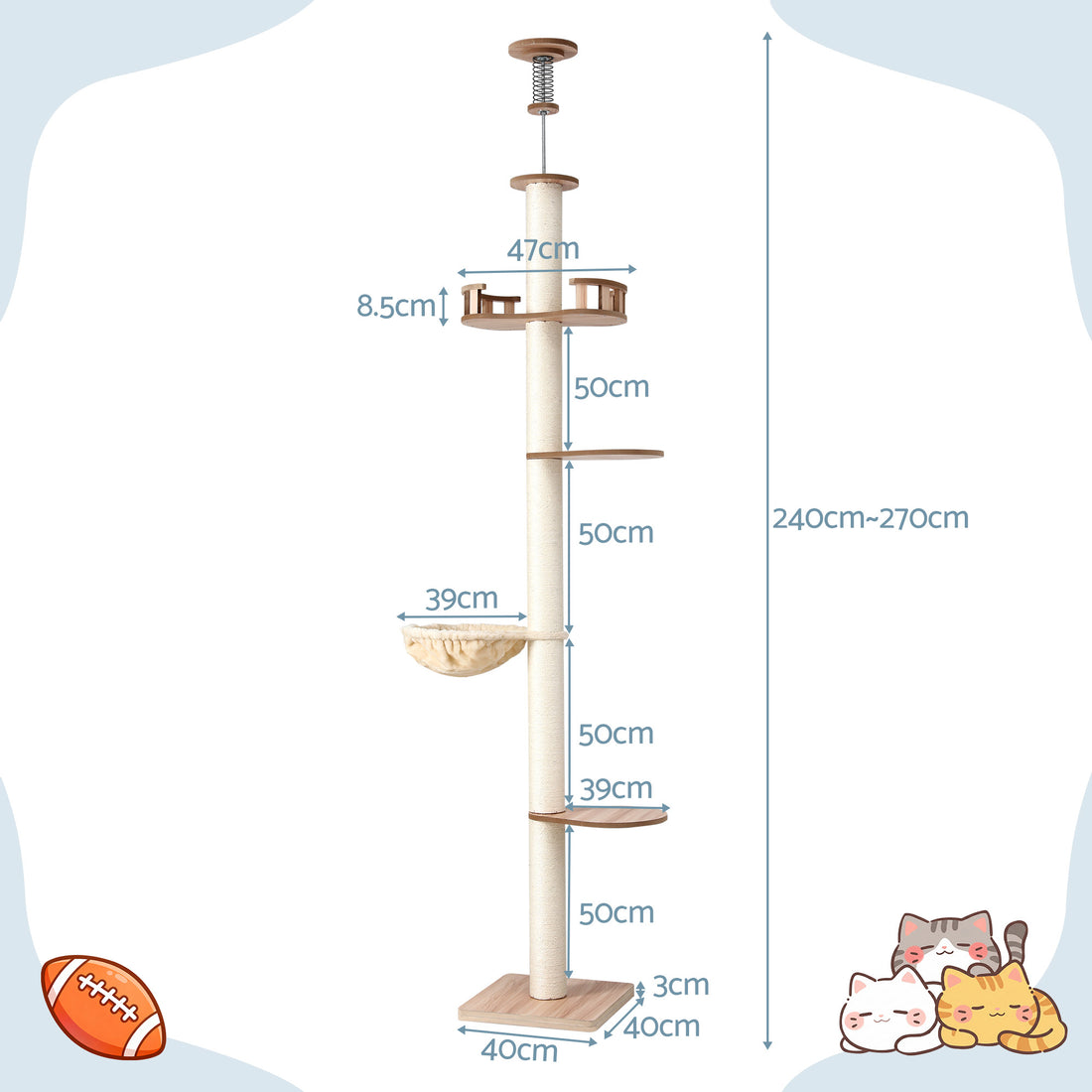 i.Pet Ceiling Mount Cat Tree Tower with Sisal Scratching Post 270cm Beige