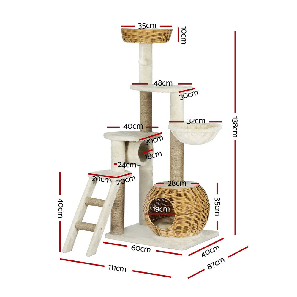 i.Pet Cat Tree 138cm Multi-Level Rattan Cubby Tunnel Hammock Beige Brown