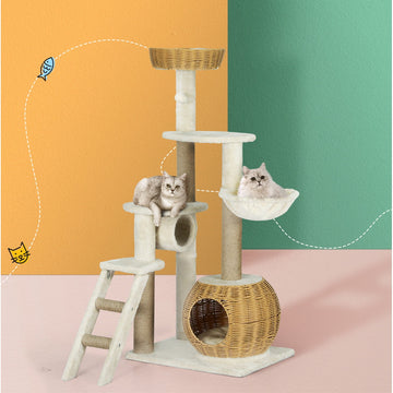 i.Pet Cat Tree 138cm Multi-Level Rattan Cubby Tunnel Hammock Beige Brown