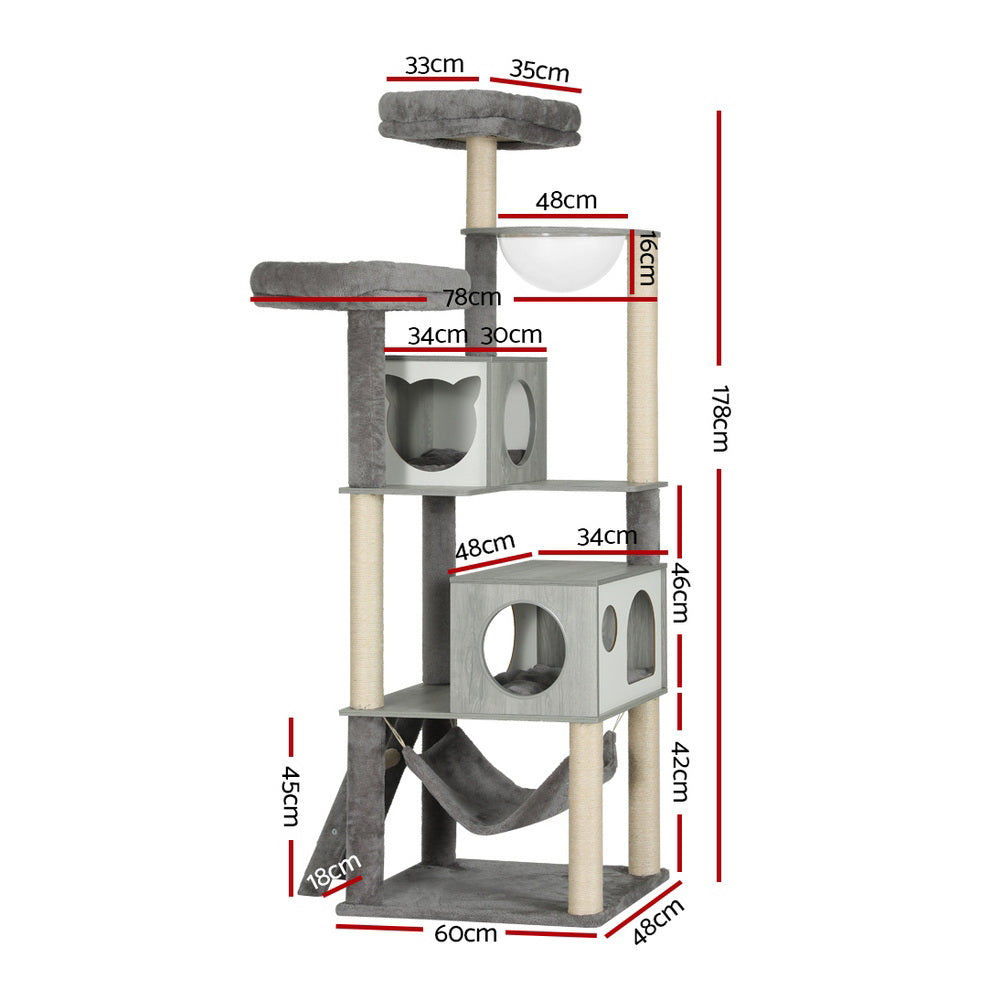 i.Pet Cat Tree 178cm Multi-Level with Two Beds Hammock Ladder Grey/White