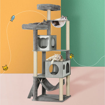 i.Pet Cat Tree 178cm Multi-Level with Two Beds Hammock Ladder Grey/White