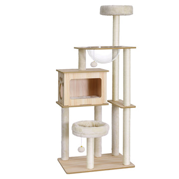 i.Pet Cat Tree Tower 142cm Multi-Level Wood Cat Condo Beige