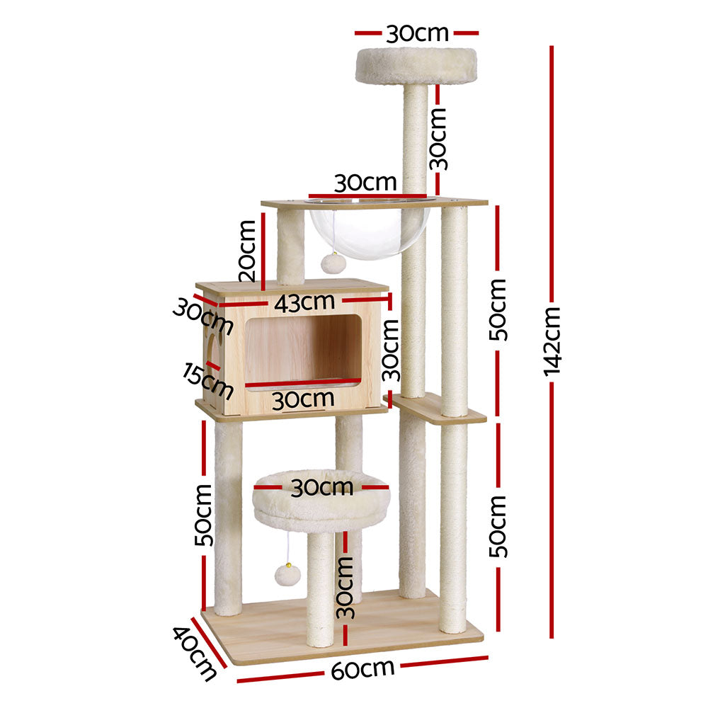 i.Pet Cat Tree Tower 142cm Multi-Level Wood Cat Condo Beige