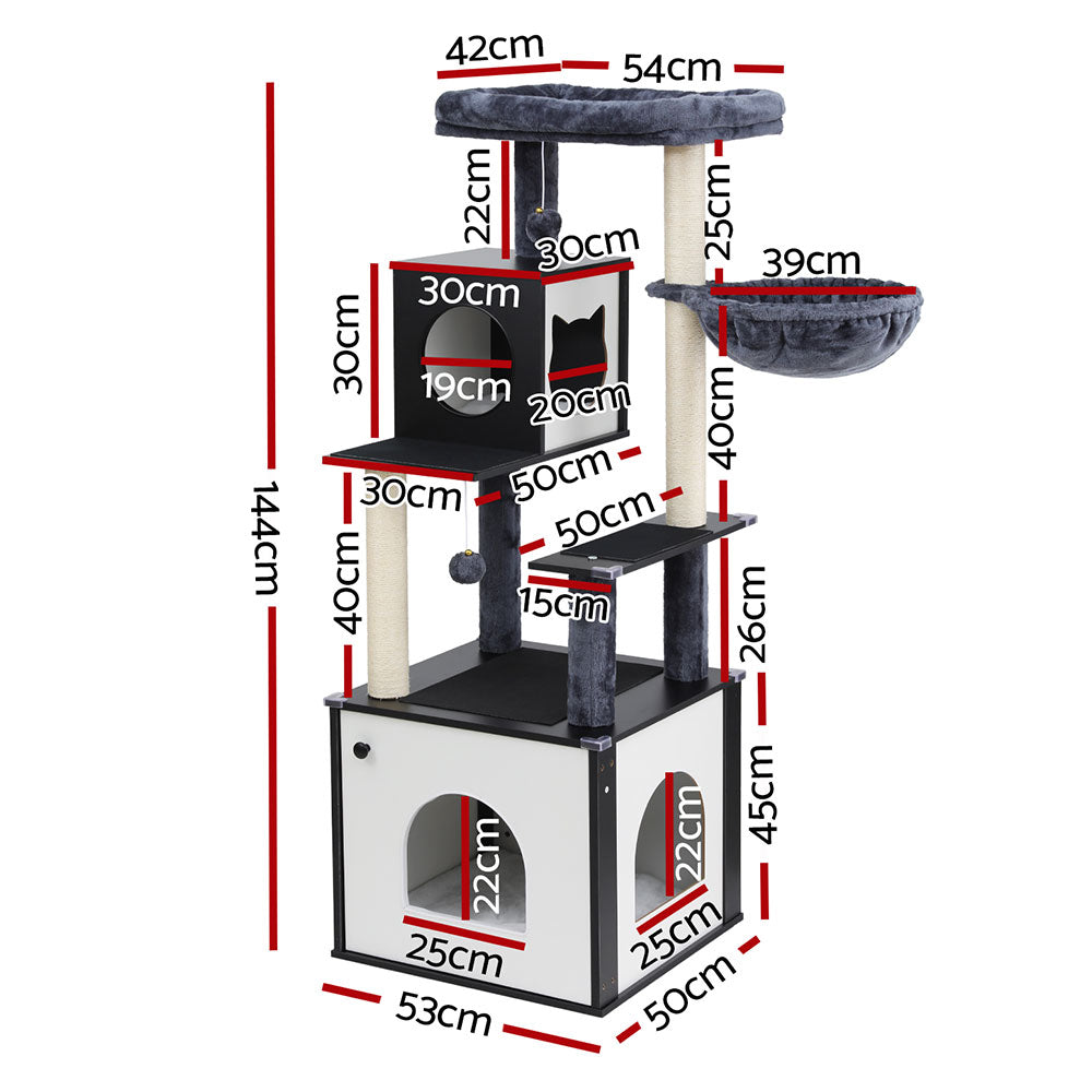 i.Pet Cat Tree Tower 144cm Multi-Level Condo Black/White