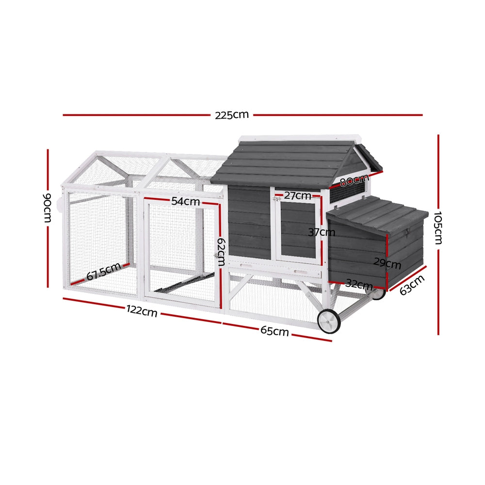 i.Pet Chicken Coop Extra Large with Hatching Box and Wheels 225cm Grey White