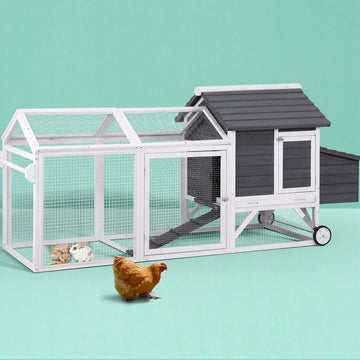 i.Pet Chicken Coop Extra Large with Hatching Box and Wheels 225cm Grey White