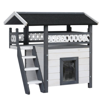 i.Pet Double-Tier Small Animal Hutch with Stairs and Asphalt Roof 77cm Grey White